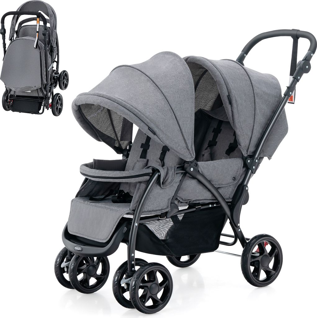 A grey double stroller is shown against a white background. A smaller image of the stroller folded is in the top left corner.