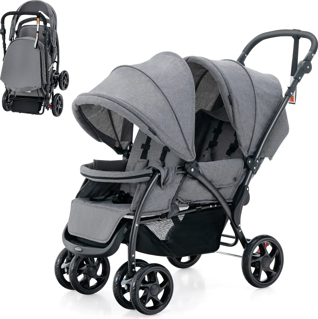 Poussette combinée COSTWAY jumelle pliable jusqu'à 30 kg coloris Gris
