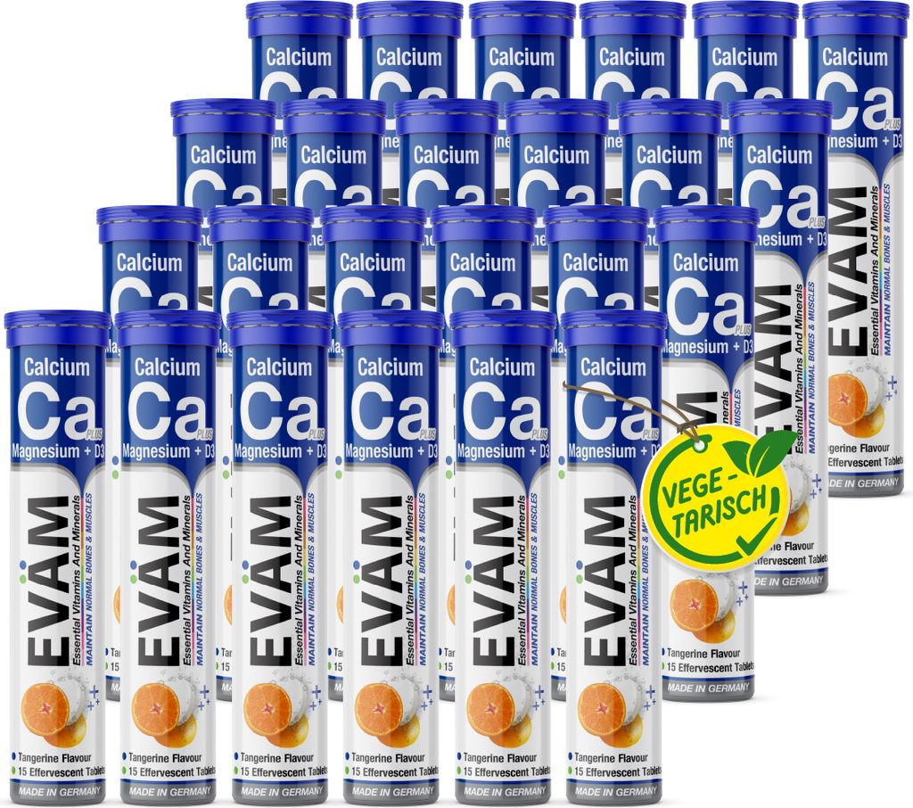 EVÄM Calcium Magnesium D3 Brausetabletten Geschmack Mandarine 24x 15 Stück Nahrungsergänzungsmittel Unterstützung von Knochen und Muskeln vegan...