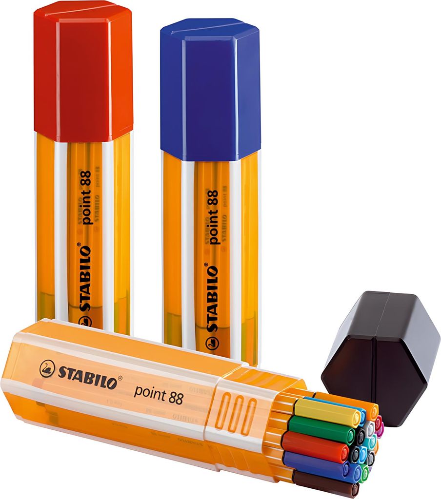 A collection of STABILO Fineliner pens in various colors, including two individual pens with caps and a box containing multiple pens.