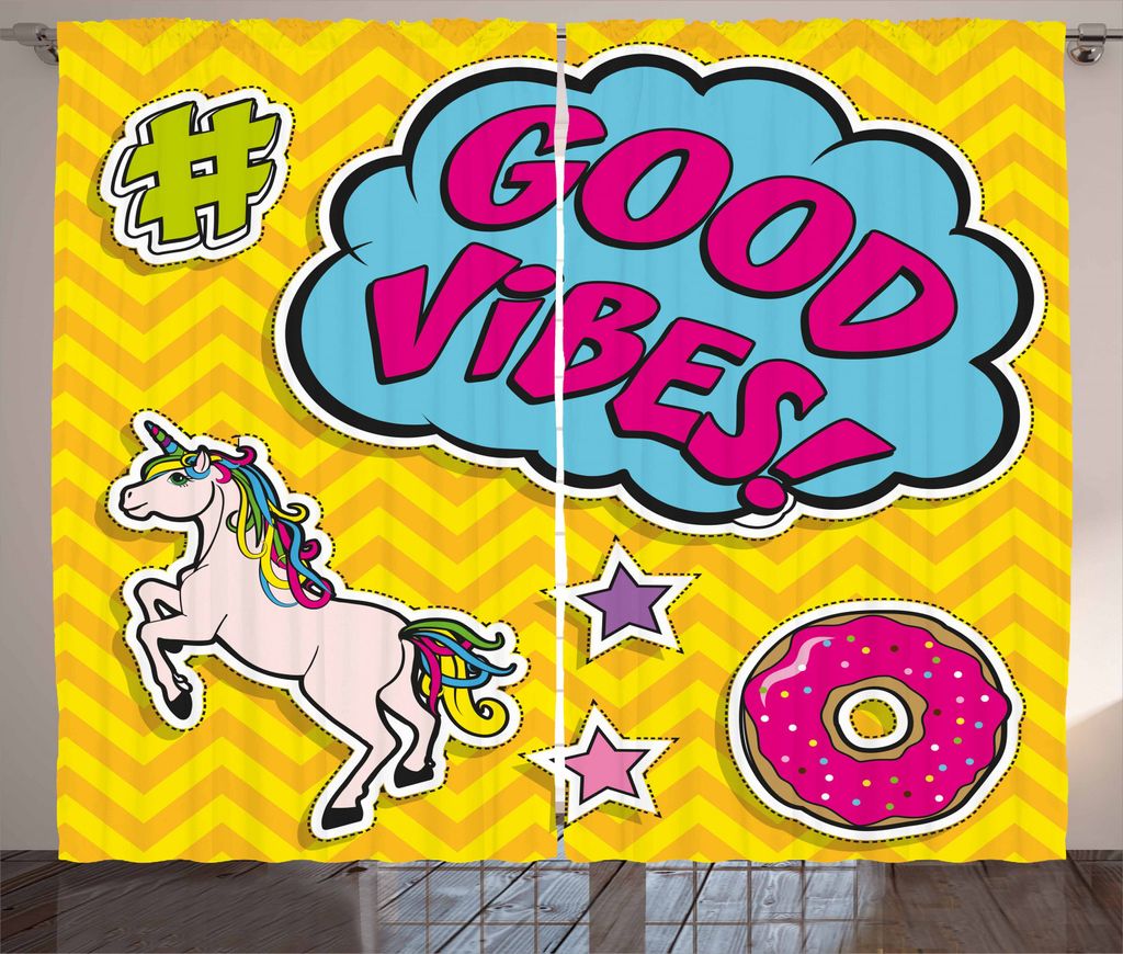 ABAKUHAUS Good Vibes Rustikaler Vorhang, Unicorn Donut Fun, Wohnzimmer Universalband Gardinen mit Schlaufen und Haken, 280 x 245 cm, Mehrfarbig
