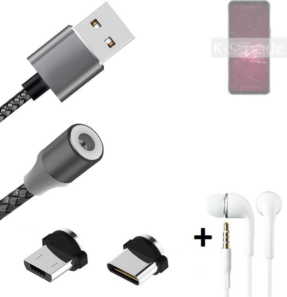 K-S-Trade Hochwertiges Magnet-Lade-kabel Sync-Kabel Daten-Kabel + Kopfhörer kompatibel mit Asus ROG Phone 6 mit USB-Typ-C-Anschluss und