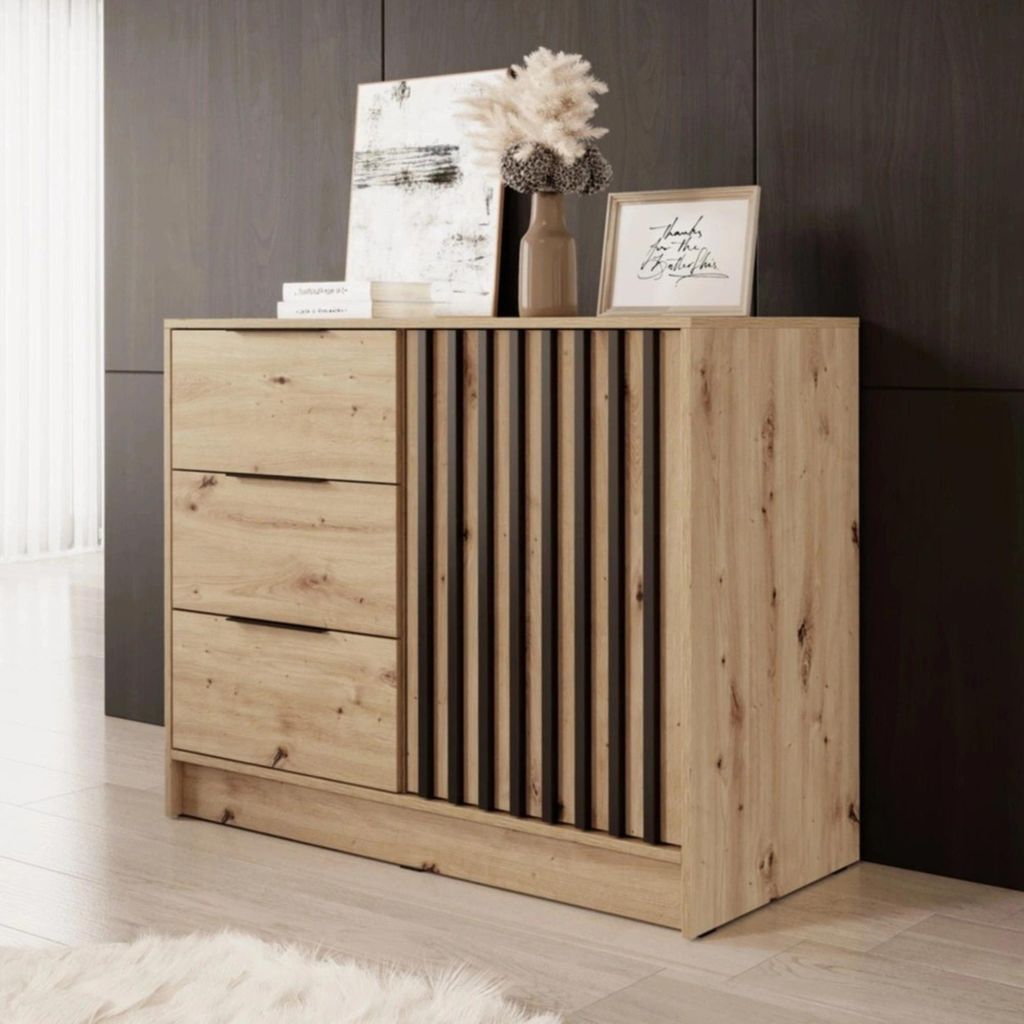 Kommode Stilo Eiche Artisan mit Lamellen – 105 cm, 1 Tür, 3 Produktbild 