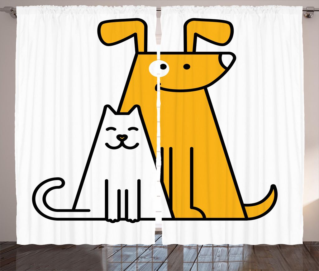 ABAKUHAUS Karikatur Rustikaler Gardine, Katzen und Hunde Freunde, Schlafzimmer Kräuselband Vorhang mit Schlaufen und Haken, 280 x 245 cm, Schwarz ...
