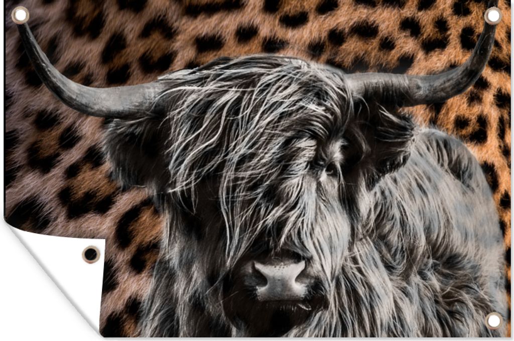 MuchoWow 120x80 cm Outdoor-Poster Gartendeko Sichtschutz Garten Poster für den Garten Schottischer Highlander - Pantherdruck - Tiere