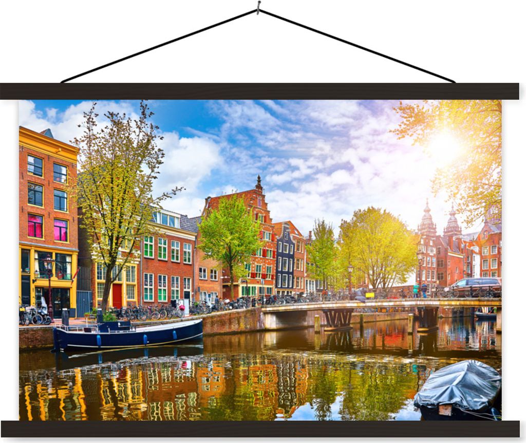 MuchoWow Textilposter Kanal - Amsterdam - Frühling 90x60 cm mit schwarzem Rahmen - Aufhängungssatz
