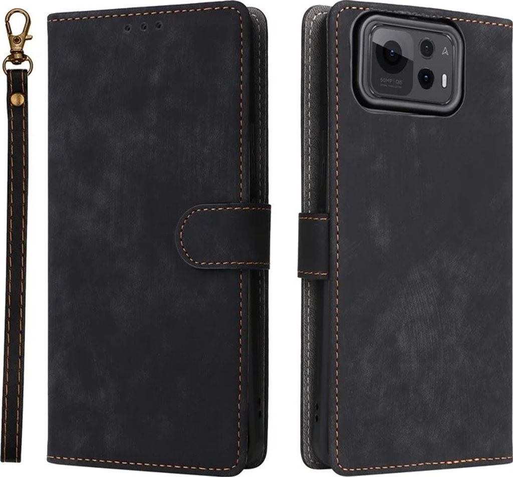 Hülle für Asus Zenfone 12 Ultra - Phonesta Vintage Skin Book Wallet Klapphülle mit abnehmbarer Kordel - Schwarz