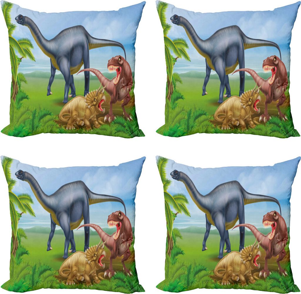 ABAKUHAUS Dinosaurier Kissenbezug Set (4 Stück), Verschiedene Tiere Jungle, Moderner Doppelseitiger Digitaldruck, 40 cm x 40 cm, Mehrfarbig