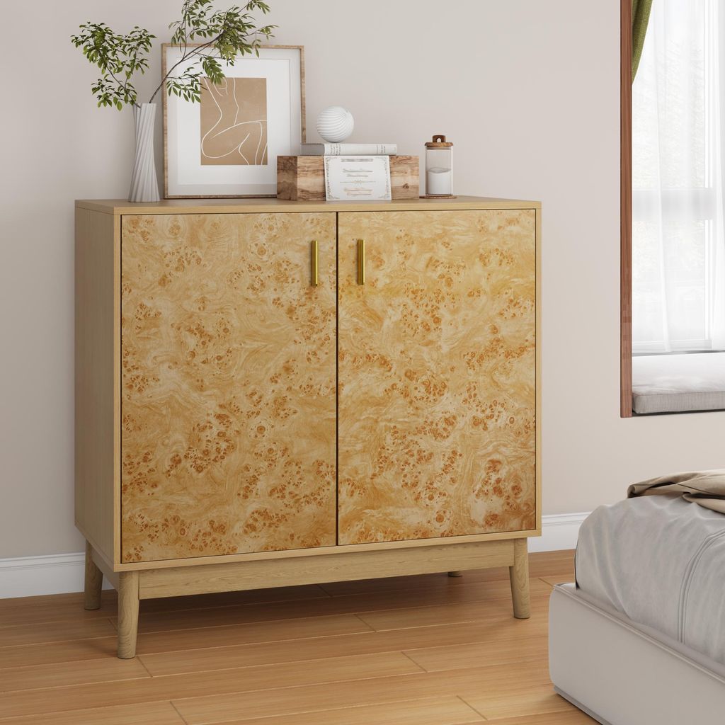 Buffetschrank Landhausstil Kommode Sideboard mit Massivholzbeinen verstellbaren Regalen Baumknollenstruktur Gold-Griffen Anrichte Flurschrank Ingenieu