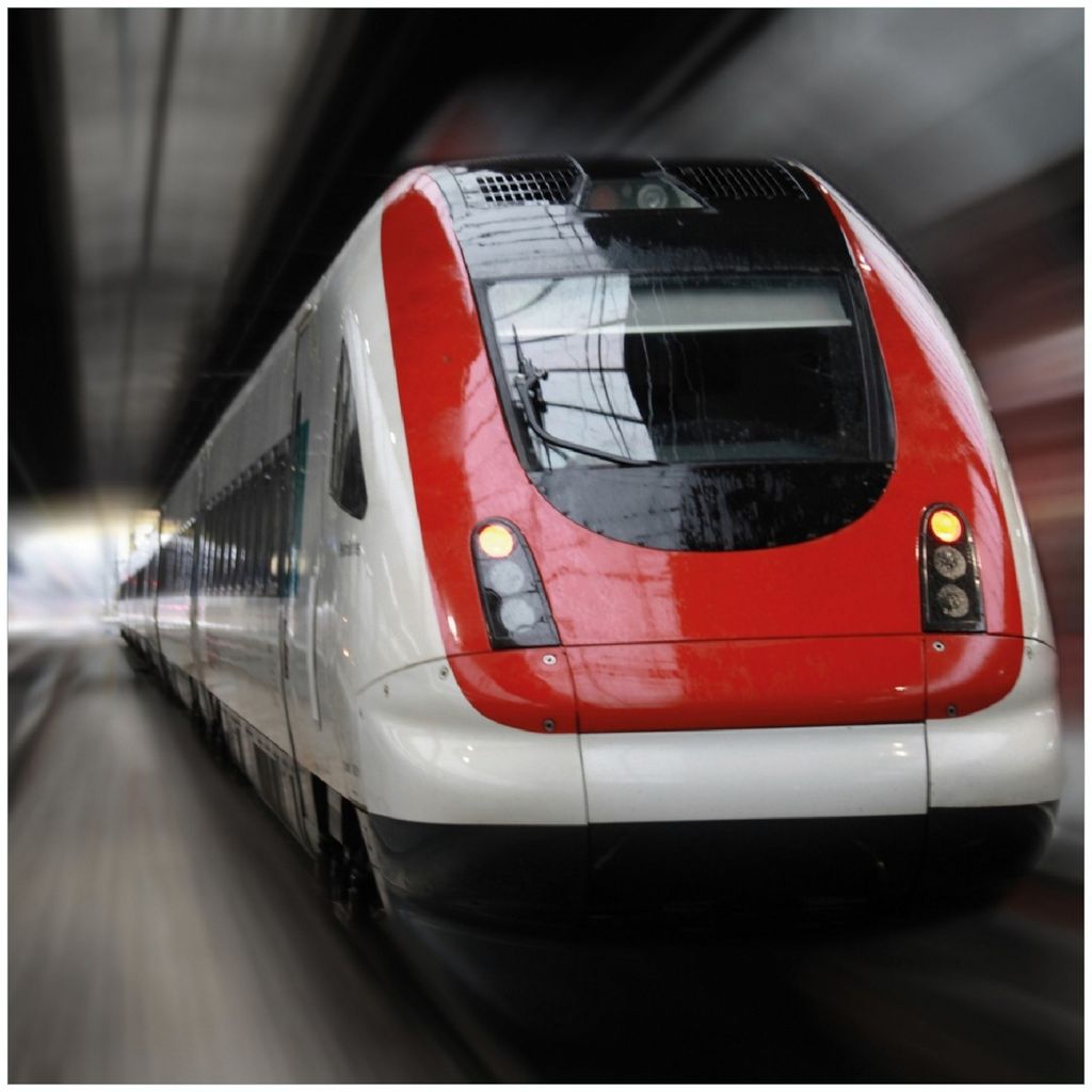 Wallario Premium Glasbild, freischwebende Optik, kräftige Farben, Größe 30 x 30 cm Motiv Fahrender Zug von vorn in rot- Perspektive von vorn