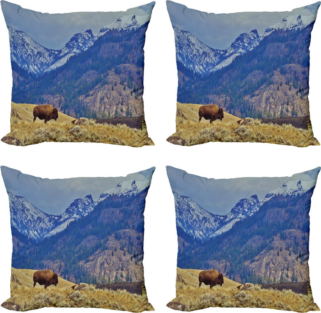 ABAKUHAUS Wyoming Kissenbezug Set (4 Stück), Bison und Snowy Mountains, Moderner Doppelseitiger Digitaldruck, 45 cm x 45 cm, Mehrfarbig