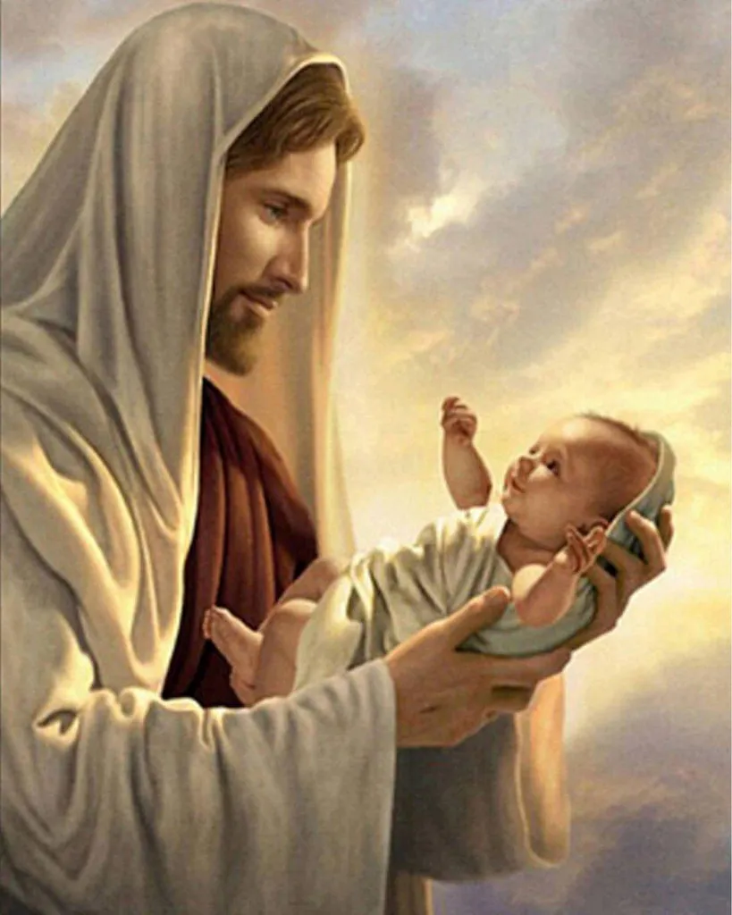 Détente et calme avec la broderie de diamants Jésus enfant 45x55 cm