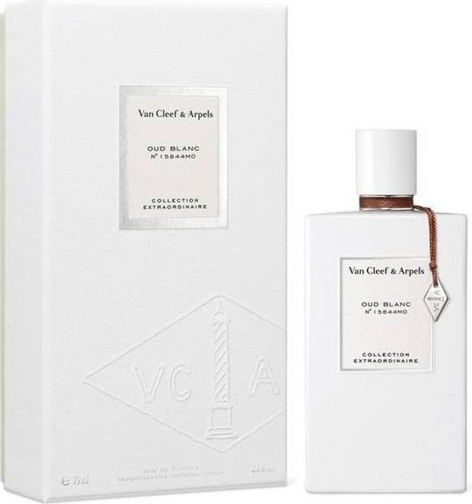 A white perfume box and bottle are displayed side-by-side on a white background.