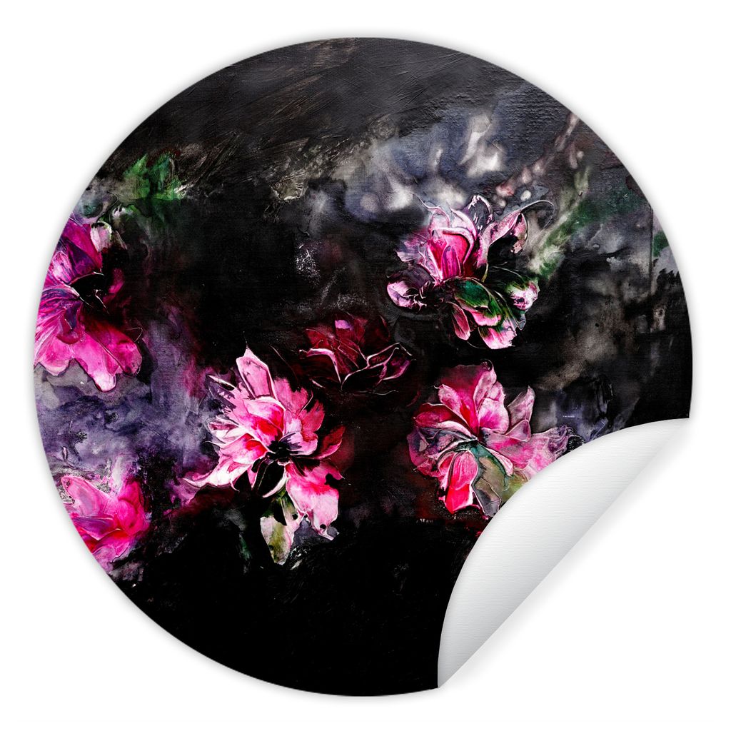 MuchoWow Runde Wandtattoo - Wandsticker Tapete Aufkleber Blumen - Kunst - Farbe - Rosa - Schwarz Ø 50 cm Selbstklebend und Repositionierbar - Wa...