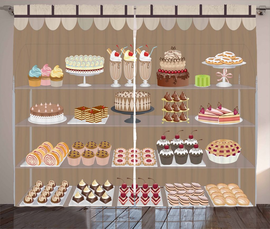 ABAKUHAUS Dessert Rustikaler Vorhang, Bäckerei-Fenster-Anzeige, Wohnzimmer Universalband Gardinen mit Schlaufen und Haken, 280 x 225 cm, Mehrfarbig