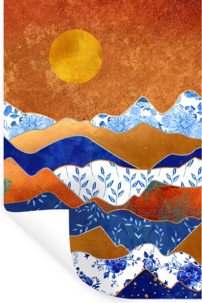MuchoWow Wandtattoo Wandsticker Wandaufkleber Gold - Delfter Blau - Blumen 60x90 cm Selbstklebend und Repositionierbar - Sticker - Dekorfolie