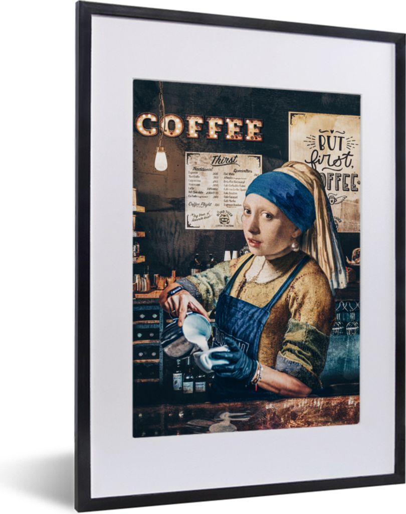 MuchoWow Gerahmtes Poster Mädchen mit Perlenohrring - Bearbeitetes Gemälde - Barista - Vermeer - Kaffee - Cappuccino 30x40 cm - Poster mit Schw...