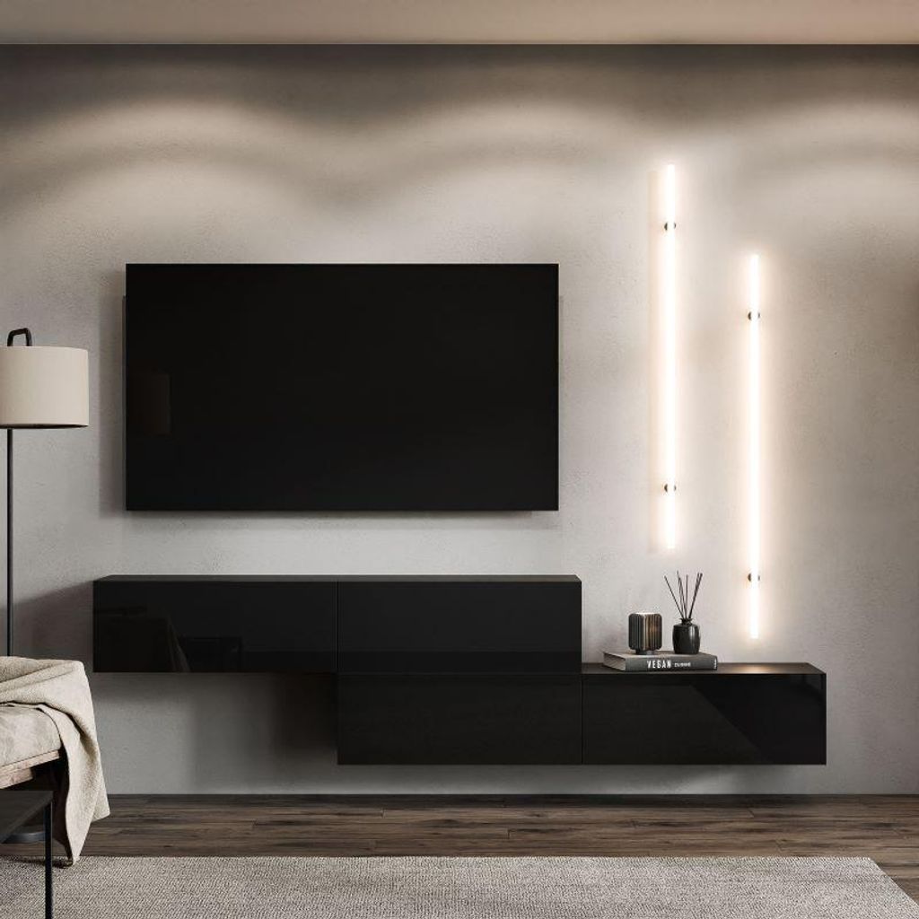 Planetmöbel WEST TV-Board Set 2x 160 cm in Schwarz - versetzt montierbar