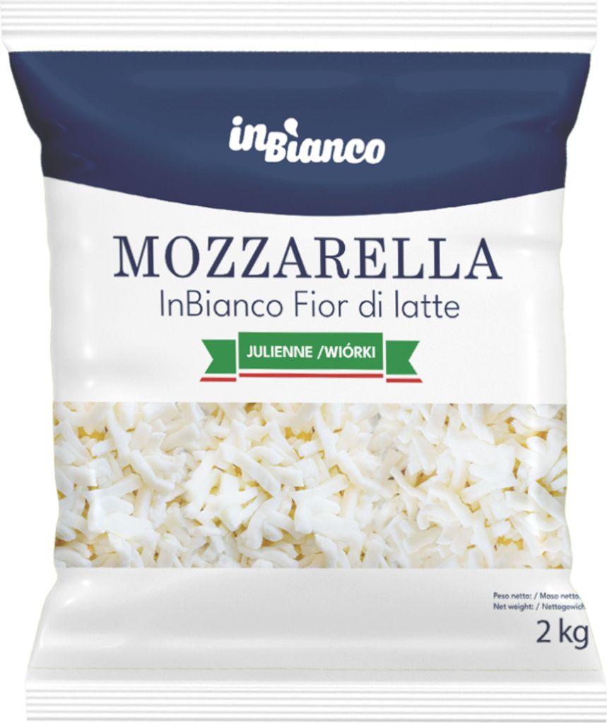 A bag of shredded mozzarella cheese.