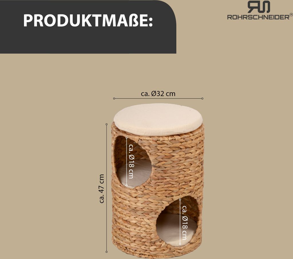 Rohrschneider Kratztonne für kleine Katzen mit 2 Etagen, kuschelige Katzenhöhle, Sitzkissen | Kratzbaum Wasserhyazinthe | Katzenbaum & Kratzhöhl...