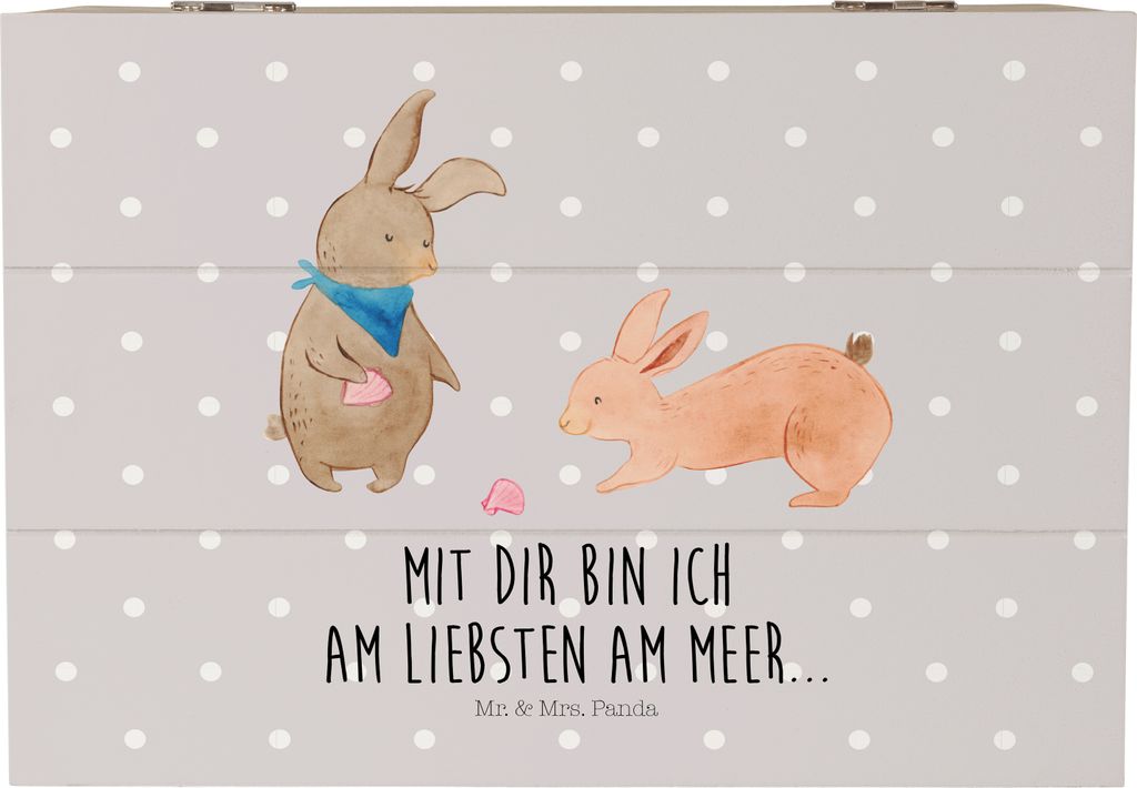 Mr. & Mrs. Panda Holzkiste Hasen Muschel 22 x 15 cm - Grau Pastell - Geschenk, Holztruhe, Muscheln, Strand, geschenkkiste, schatzkiste holz, Freund...