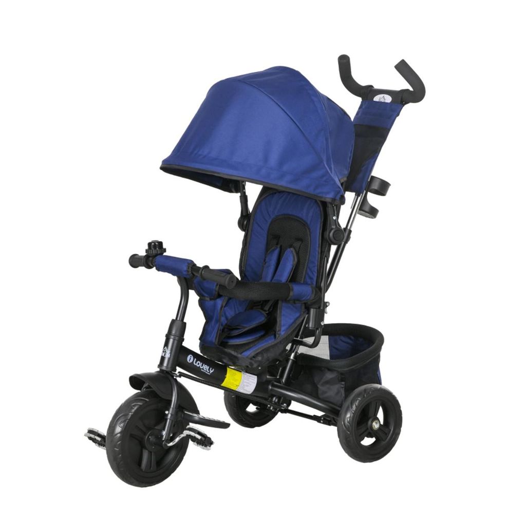 Kinderdreirad 6 in 1 mit Schubstange Rückenkorb Becherhalter und Sonnendach Dreirad Kinderwagen Kinderfahrrad für 1-5 Jahre Kinder Dunkelblau