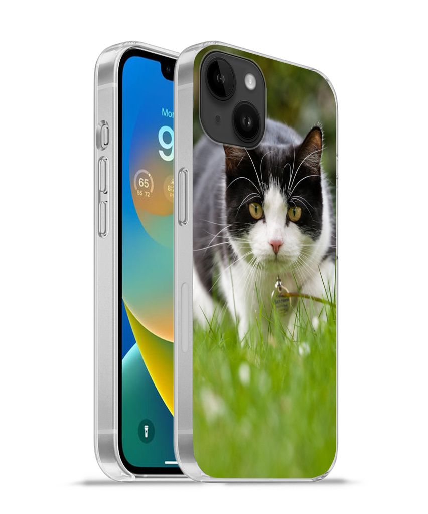 MuchoWow Handyhülle Schutzhülle Hülle für Apple iPhone 14 Plus - Soft case Katze - Gras - Schwarz - Weiß - Mädchen - Kinder - Jungen - Kind...