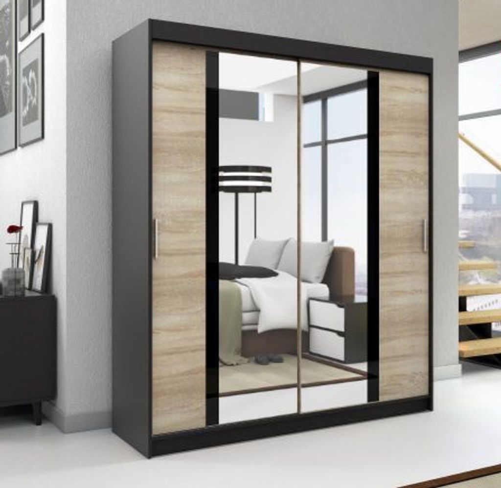 Schwebetürenschrank, 2-türig Schrank mit Spiegel, Kleiderschrank BRANI 180 Farbe: Schwarz / sonoma/ sonoma