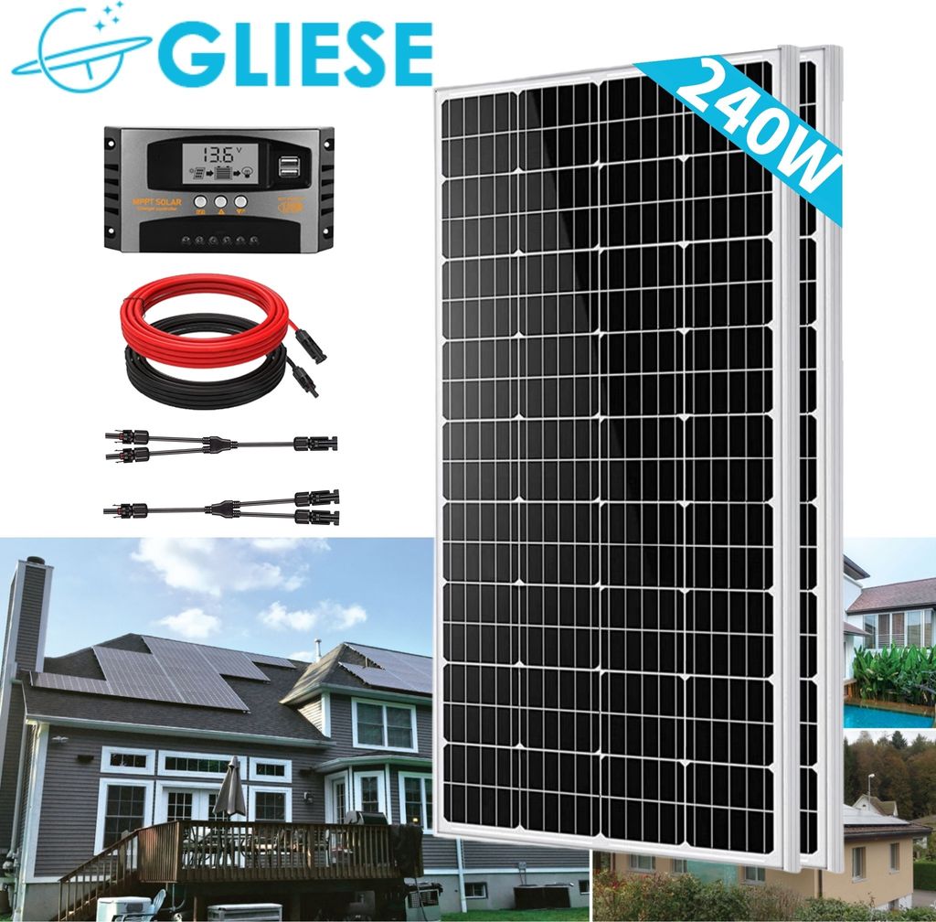240W Solarpanel Kit Solar Set 12V Mono Photovoltaik 2x120W Solarmodule für Wohnmobile Häuser Balkonladestationen Boote