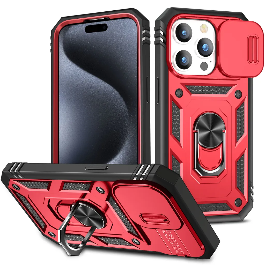 Custodia per iPhone 15 Pro Max protezione fotocamera scorrevole, resistente agli urti, con supporto ad anello, supporto e porta carte di credito rosso