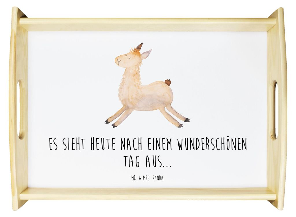 Mr. & Mrs. Panda Tablett Lama Springen - Weiß - Geschenk, Guten Morgen, betttablett, Holztablett, Küchentablett, Happy Day, Serviertablett, Abitu...