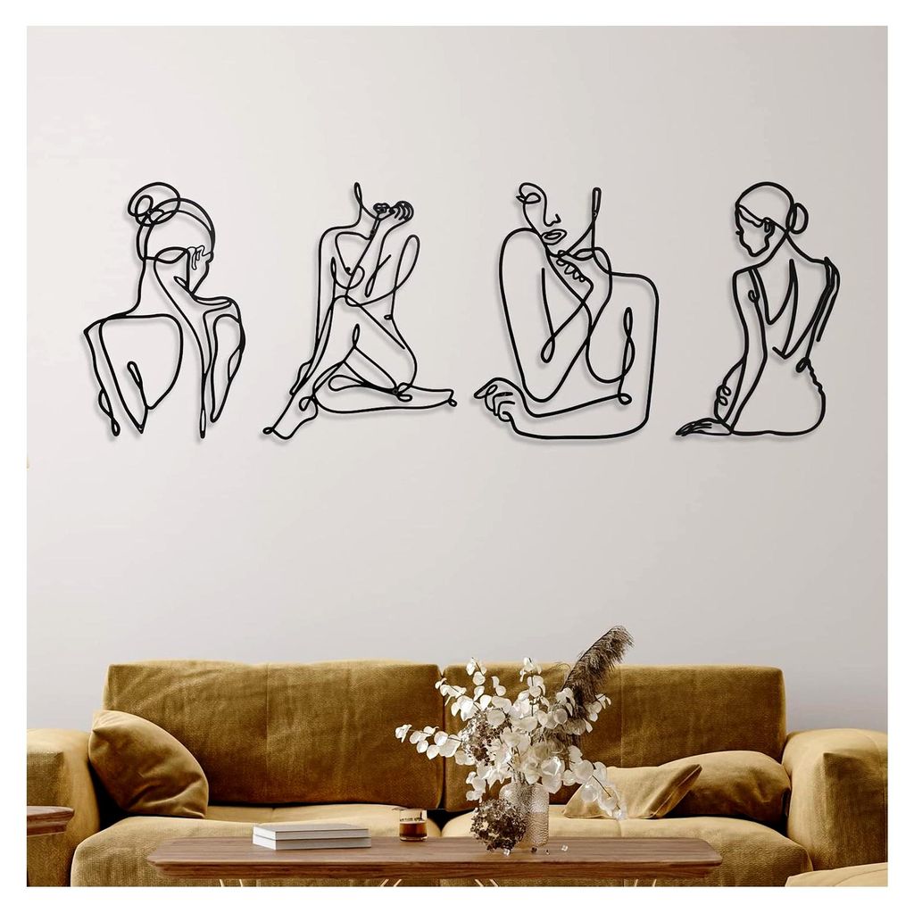 4 Stück Metall Wandkunst Nachbildung Schwarze Metall Wandkunst Einzeilige Kunst Zeichnung Minimalistisch Abstrakt Weibliche Figuren Moderne Wandsk...