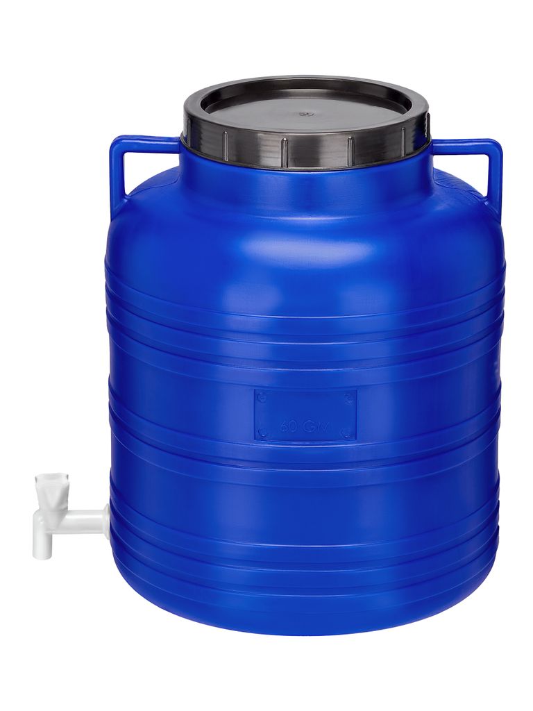 A blue plastic barrel with a black lid and a white spigot is shown against a white background.