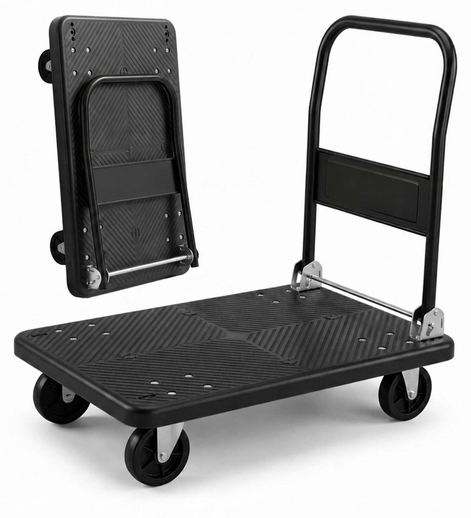 Relaxdays Transportwagen bis 300 kg, klappbar, Plattformwagen, Griff, 2 Lenkrollen, große Ladefläche, Handkarre, schwarz