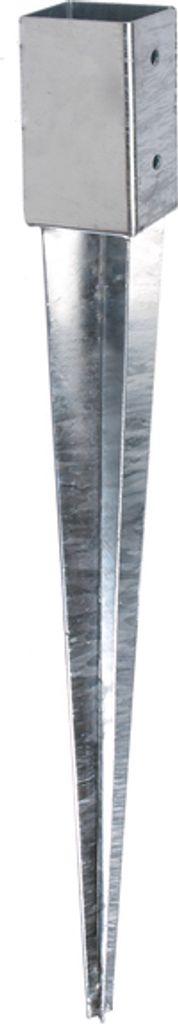 A galvanized steel ground spike with a square socket on top.