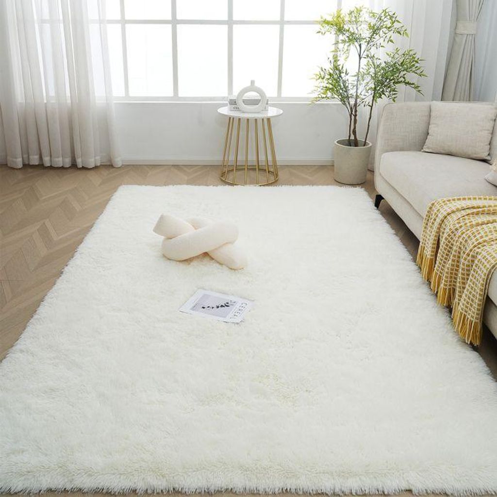 Flauschiger Wohnzimmerteppich 120 x 160 cm, langer Flor, wei?-beige, weicher Teppich fš¹r Wohnzimmer, Schlafzimmer und Sofa