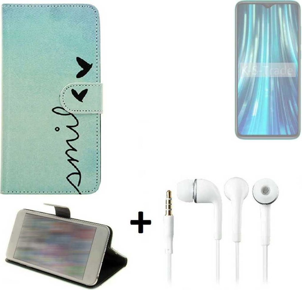 K-S-Trade Schutz Hülle Handy Hülle kompatibel mit Xiaomi Redmi Note 8 Pro 360° Wallet Case Schutz Hülle ''smile'' inkl. Ohrstöpsel Smartphone