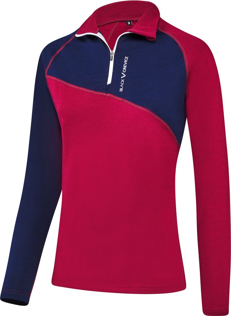 BLACK CREVICE - Damen Langarm Zip Shirt aus Merino Wolle - mulesingfrei | Midlayer | Farbe: Navy/Rhododendron | Gr: 46