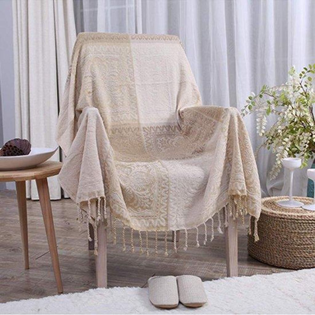 Jacquard deken, melkwit, 150 x 190 cm, folk tribal patroon, bank- en fauteuilhoes