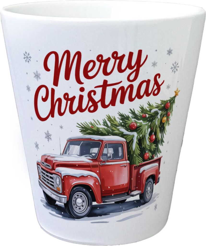Merry Christmas Blumentopf mit Rotem Truck und Weihnachtsbaum
