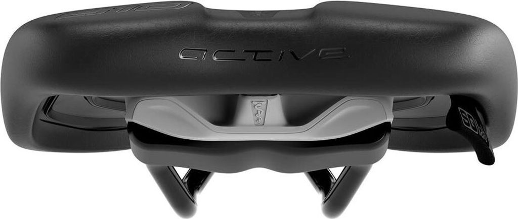 A close-up, front view of a black bicycle saddle on a white background.
