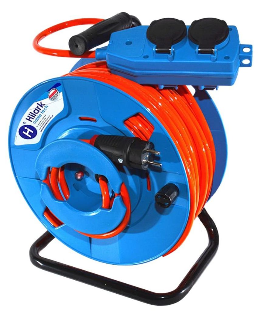 PUR-Verlängerungskabel H07BQ-F 3x2,5 mm² auf umgekehrter Kabeltrommel mit schwarzem Stecker und blauem Mehrfachverteiler 45m