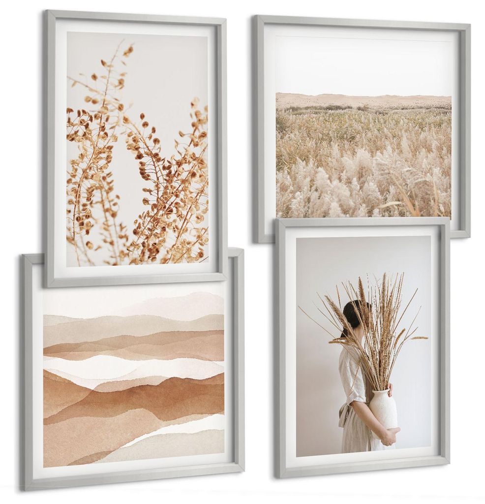 Bilder Set 4-teilig im silbergerahmten Rahmen – Wandbilder 4 Stück – gerahmte Poster für Wohnzimmer, Schlafzimmer und Flur – 50x50 cm - 40x...