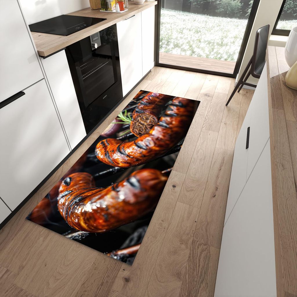 Küchenteppich 80x200cm rutschfest & abwischbar PVC Läufer - Grillwurst B B Q