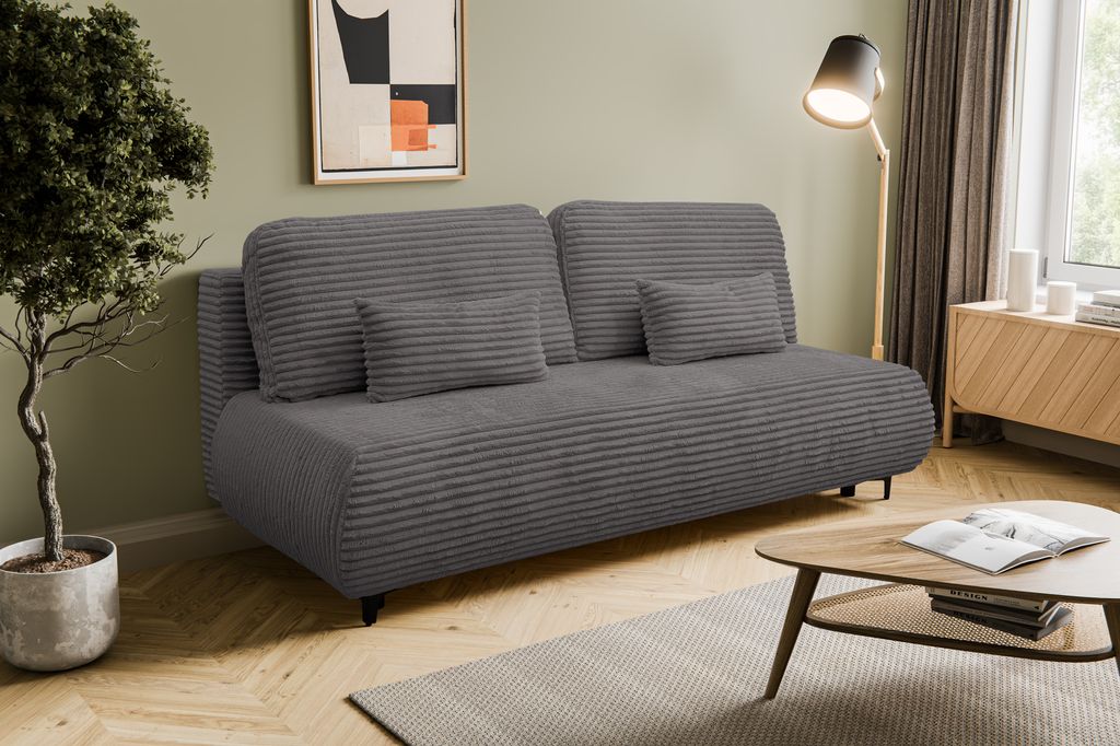 VENASI ETNA Polstersofa mit Schlaffunktion und Bettkasten Couch Sofa Cord Bettsofa Schlafsofa Dunkelgrau
