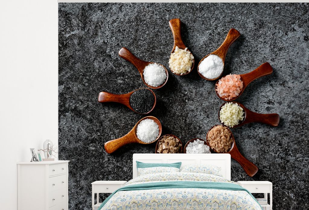 MuchoWow Fototapete für Wohnzimmer oder Schlafzimmer Wandtapete Vinyl Motivtapete Löffel - Kräuter - Gewürze - Küche - Industrie - 275x220 c...