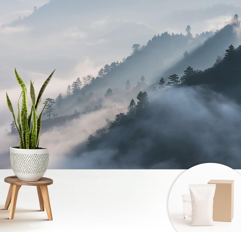 Fototapete - 208x146 cm - Tapete - Wandtapete - Wandbilder - Dekofolie - Tapete Folie - Wand - Dekoration - Wohnzimmer - Neblige Landschaft