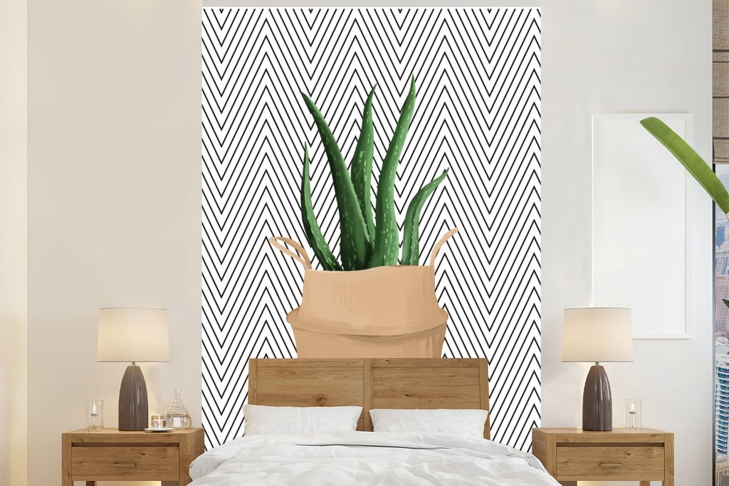 MuchoWow Fototapete für Wohnzimmer oder Schlafzimmer Wandtapete Vinyl Motivtapete Zimmerpflanze - Aloe Vera - Schwarz - Weiß - 170x260 cm - Woh...