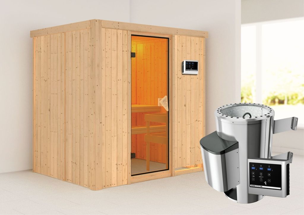 Karibu Sauna Innensauna Fanja Fronteinstieg Ofen 3,6 kW externe Strg.easy 196x151x198 cm ohne Dachkranz mit Bronzierter Tür