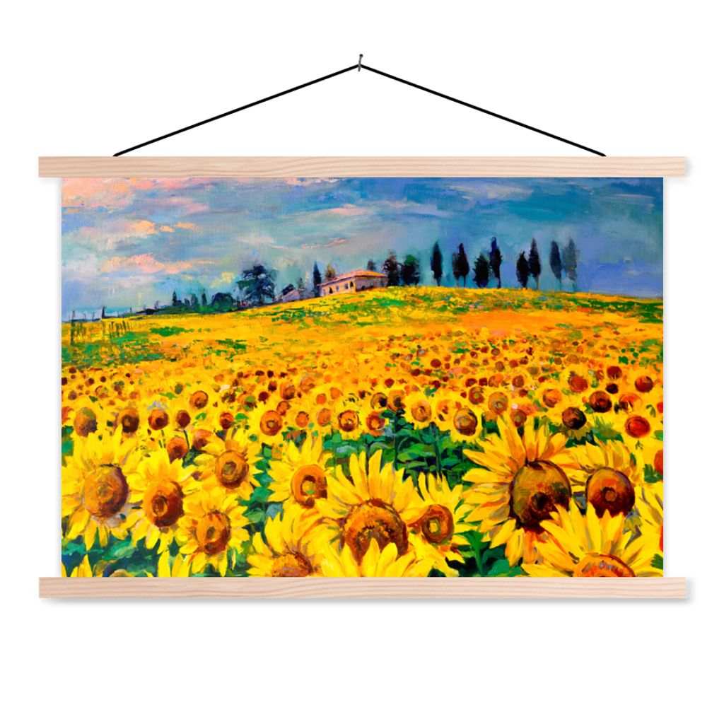 MuchoWow Textilposter Ölfarbe - Gemälde - Blumen - Sonnenblume 60x40 cm mit holzfarbenen Rahmen - Bilder